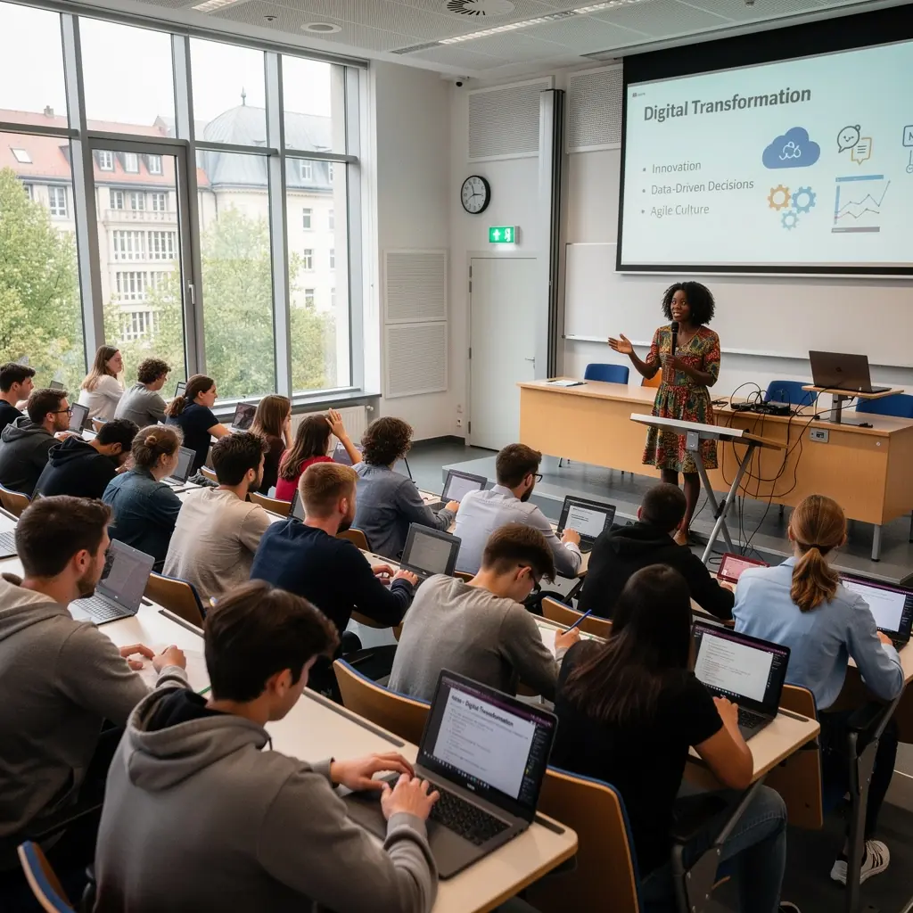 Eine Gruppe von Zuhörern, die aufmerksam einer Präsentation über neue Technologien folgt.