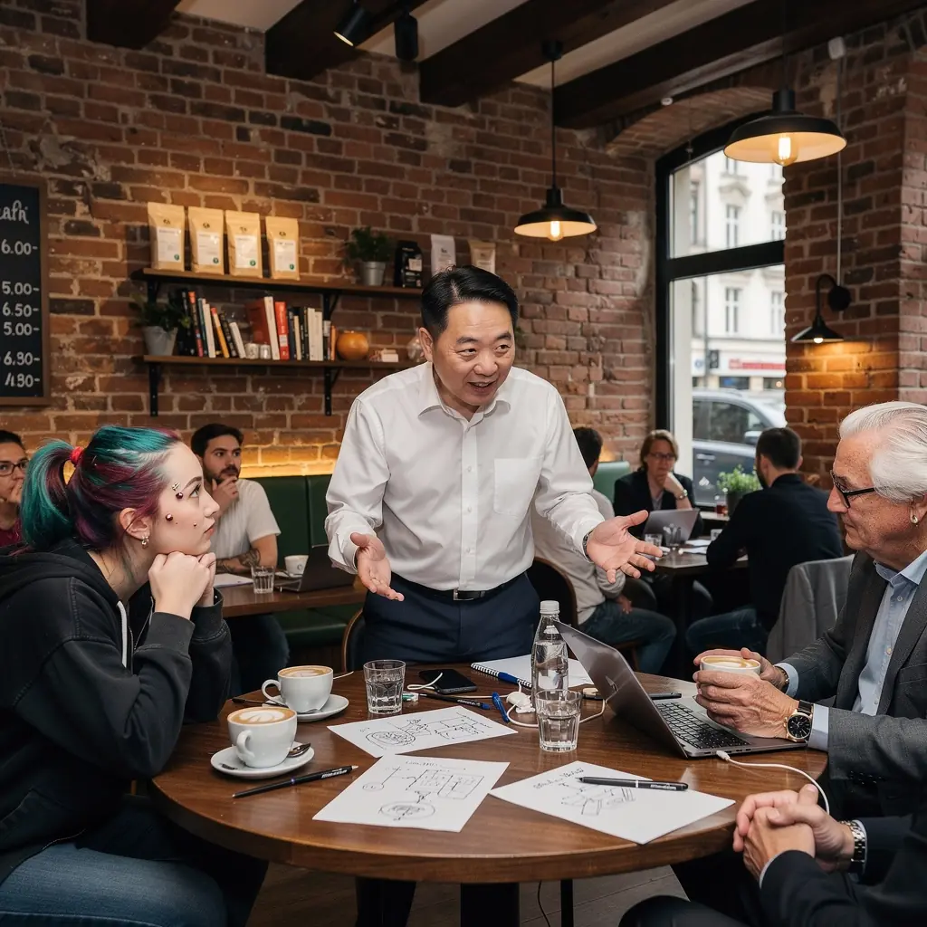 Ein Foto eines Redners, der auf einer Bühne steht und über digitale Innovationen spricht.