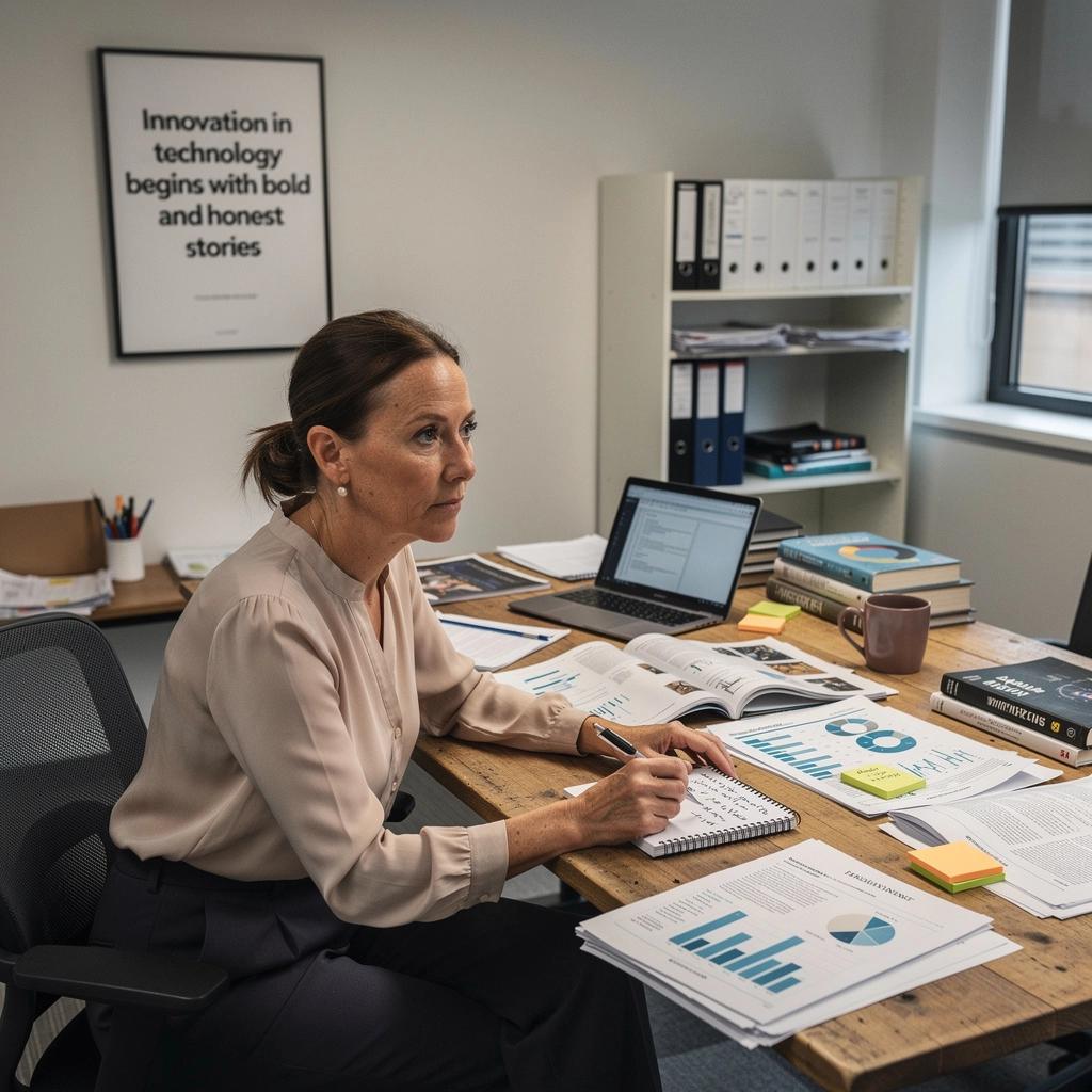 Ein Bildschirm zeigt Grafiken und Statistiken während einer Präsentation über zukünftige Technologien.